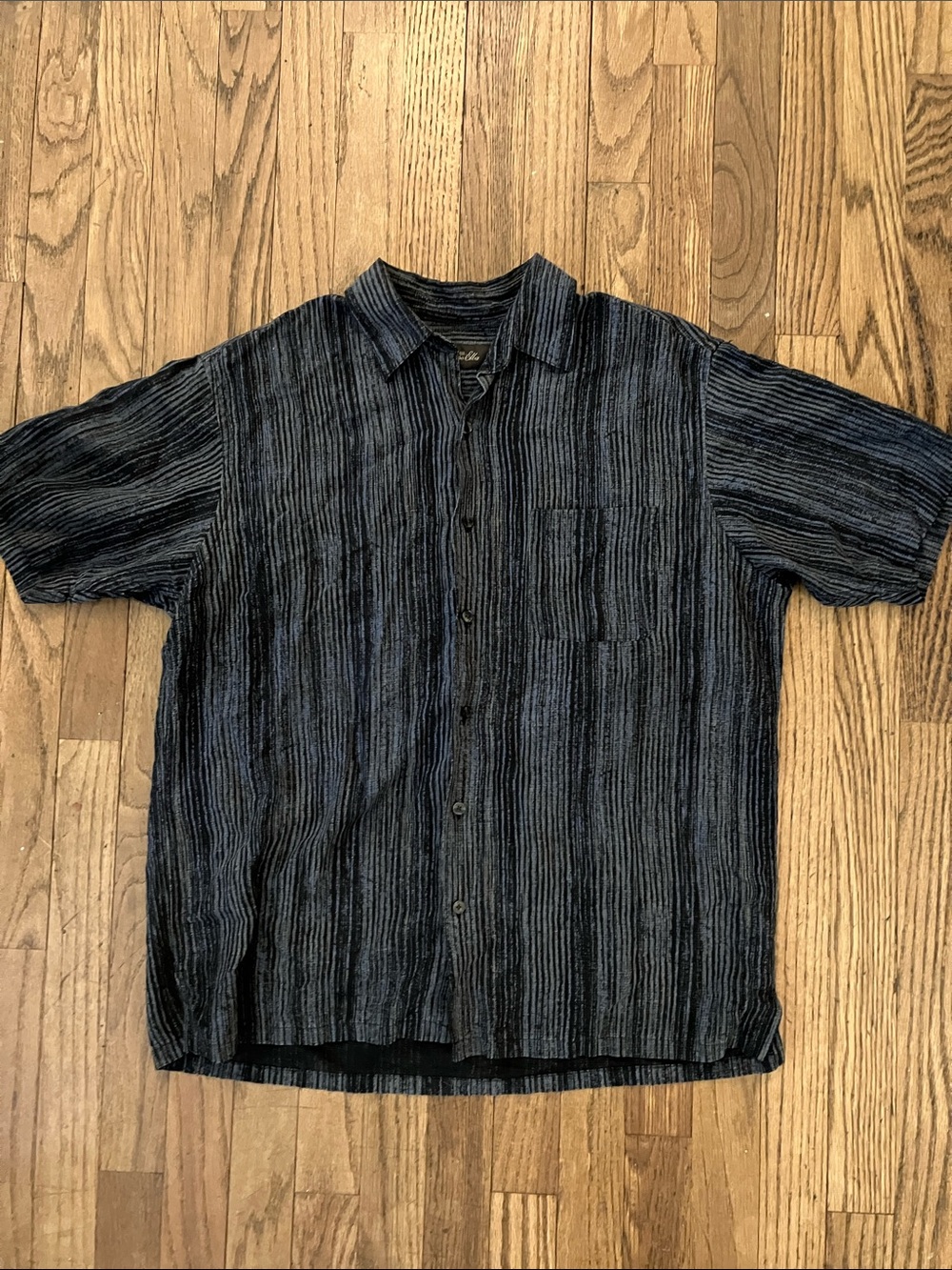 Tasso Elba Black Blue Vertical Stripe Short-Sleeve Button-Down Linen Silk Shirt